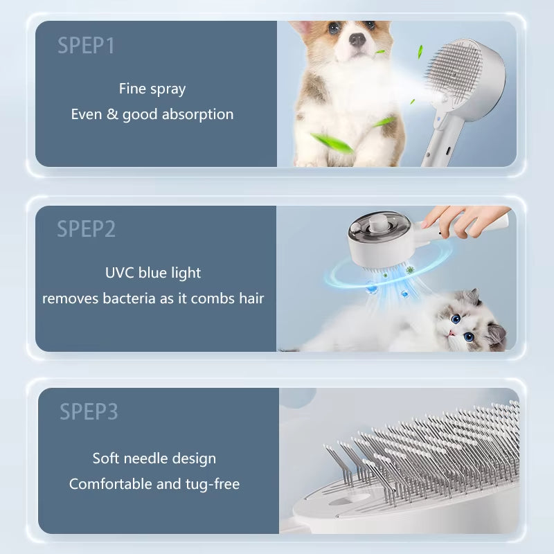 Electric Steam Pet Grooming Brush 3-in-1 Massage
