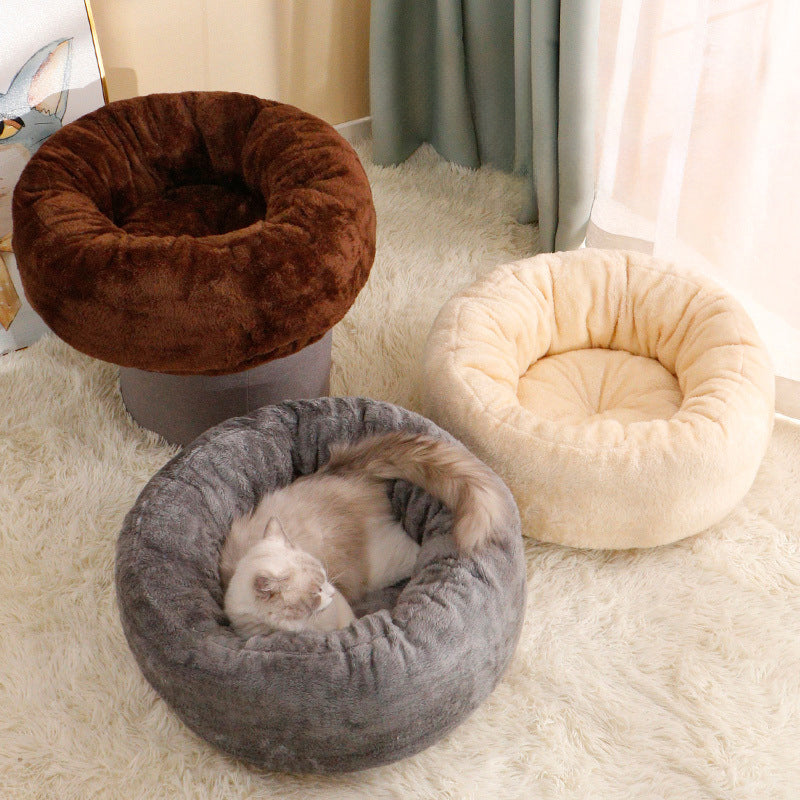 Pet Bed Long Plush Donut Round Comfortable Cushion