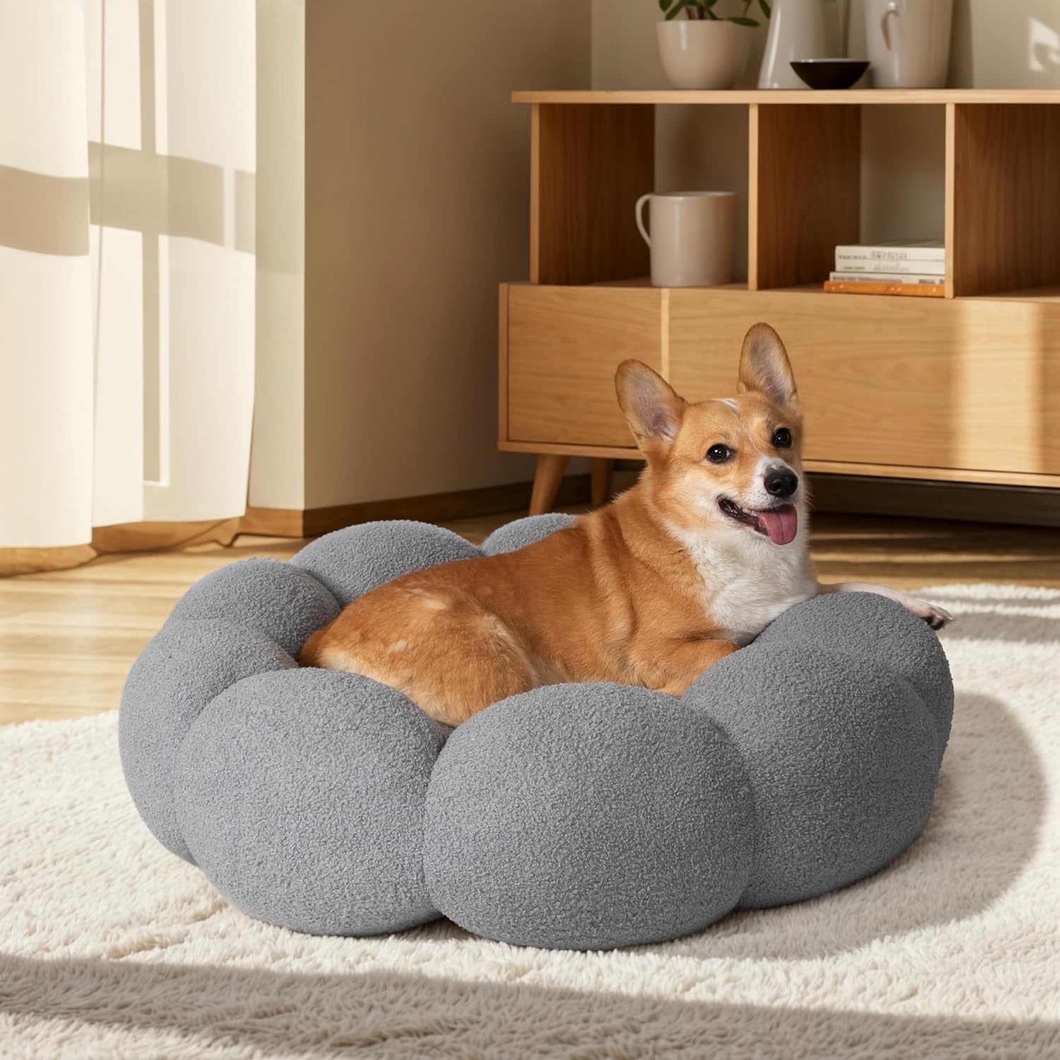 Calming Plush Flower Pet Bed Round Donut