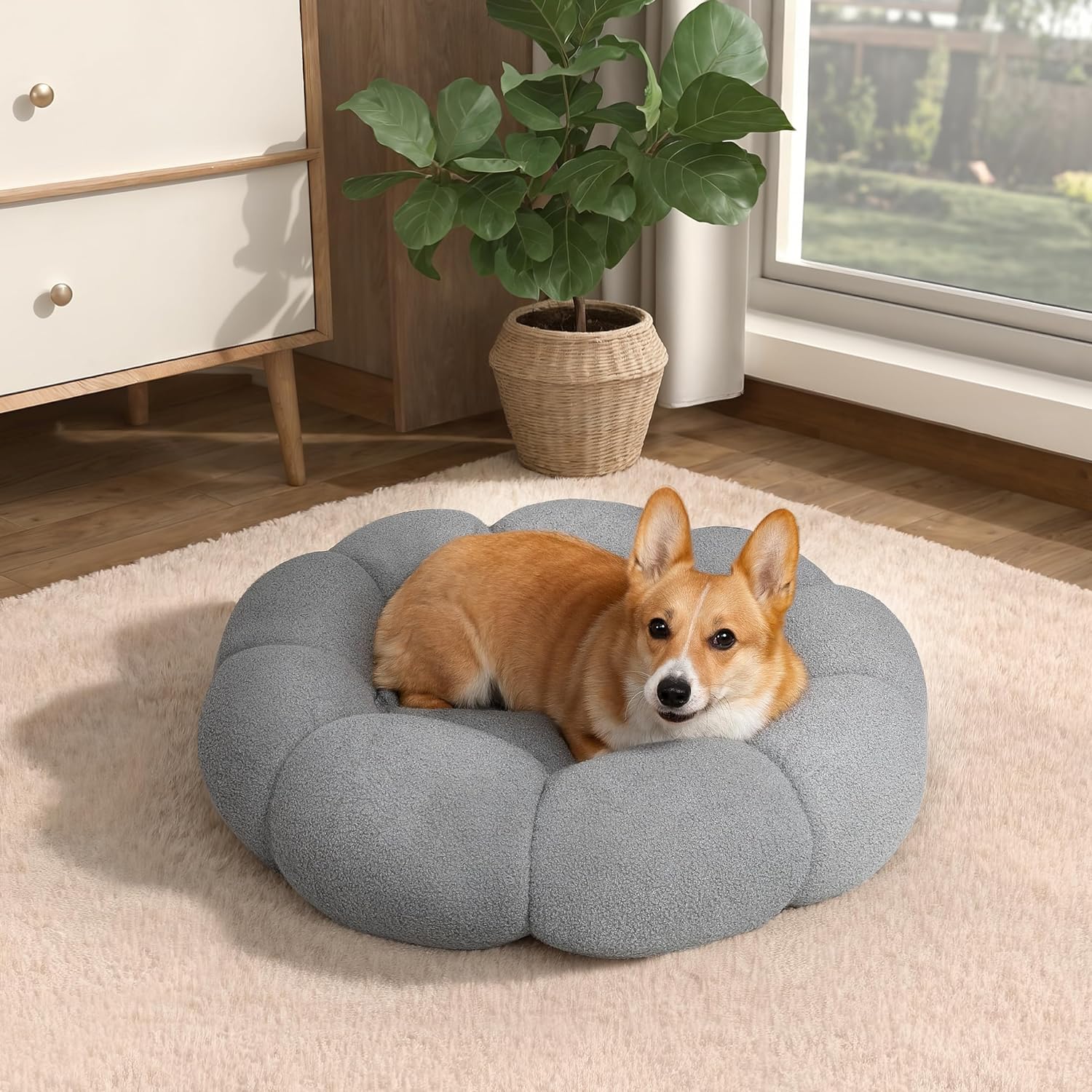 Calming Plush Flower Pet Bed Round Donut