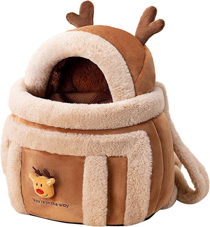 Plush Carrier Backpack Travel Bag with Hand Warmers for Pets