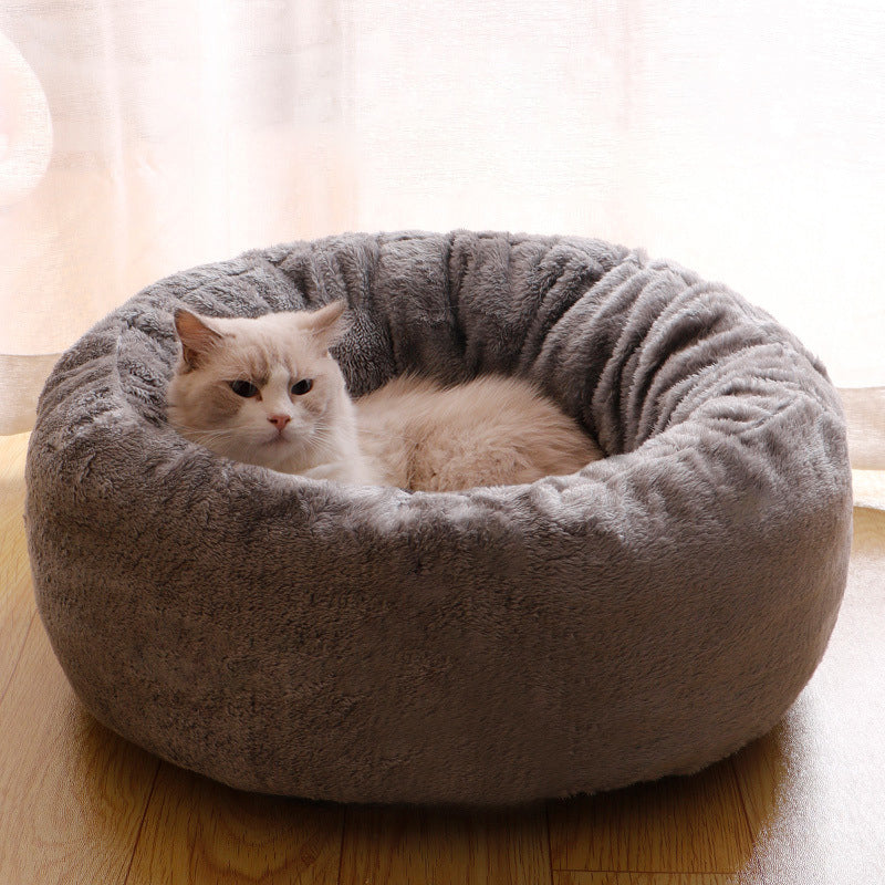 Pet Bed Long Plush Donut Round Comfortable Cushion